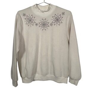 Alia‎ Sport Vintage Cream Mock Neck Snowflake Embroidered Sweatshirt Med